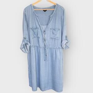 Torrid Chambray Zip Front Shirt Dress Blue Tie Waist Pockets Roll Tab Sleeve